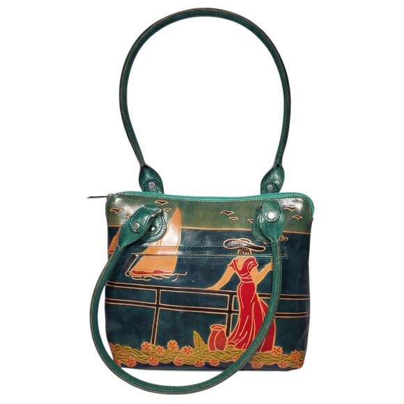 Art Scene Tooled Leather Purse Shoulder-Bag Woman Red Dress Yacht Beach Green - Picture 1 of 6